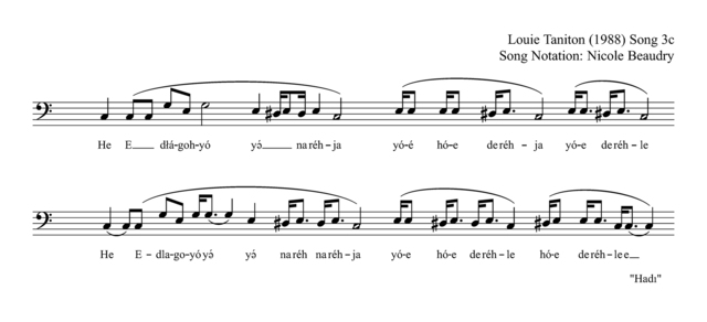 Sheet music for ‘Audio 006c’ by Louie Taniton (1988), with lyrics in Dene Kǝdǝ́ and notation by Nicole Beaudry.