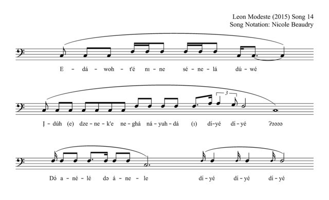 Sheet music for ‘Audio 005’ by Leon Modeste (2015), with lyrics in Dene Kǝdǝ́ and notation by Nicole Beaudry.