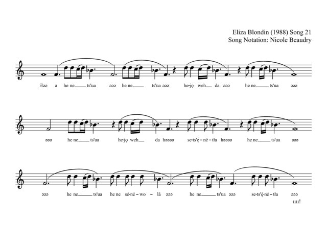 Sheet music for ‘Audio 004’ by Eliza Blondin (1988), with lyrics in Dene Kǝdǝ́ and notation by Nicole Beaudry.