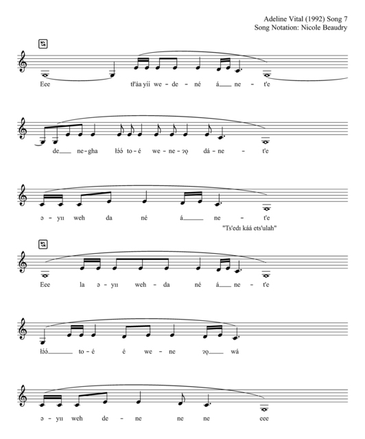 Sheet music for ‘Audio 007’ by Adeline Vital (1992), with lyrics in Dene Kǝdǝ́ and notation by Nicole Beaudry.
