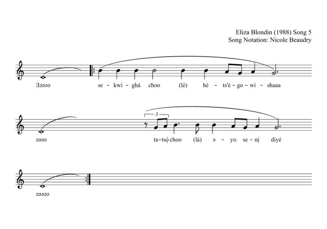 Sheet music for ‘Audio 003’ by Eliza Blondin (1988), with lyrics in Dene Kǝdǝ́ and notation by Nicole Beaudry.