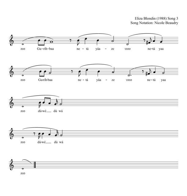 Sheet music for ‘Audio 002’ by Eliza Blondin (1988), with lyrics in Dene Kǝdǝ́ and notation by Nicole Beaudry.