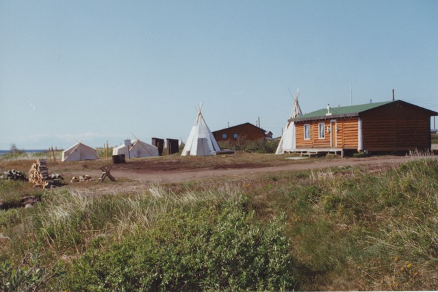 Cluster of buildings including tipis, tents, and a log cabin on open land with a stack of firewood nearby.